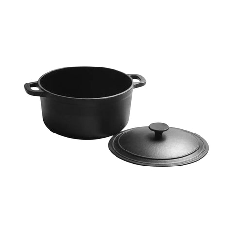black cast iron pot with two side handles and a matching domed lid