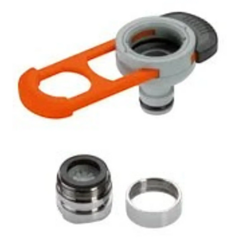 gardena indoor tap adaptor with orange lever and threaded metal fittings