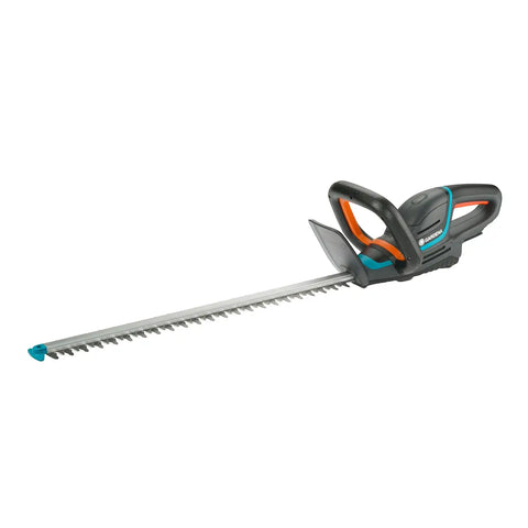 Gardena battery hedge trimmer with long blade and ergonomic handle in dark grey with orange and turquoise accents