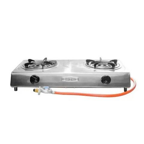 Cadac two burner gas stove in stainless steel with hose and regulator