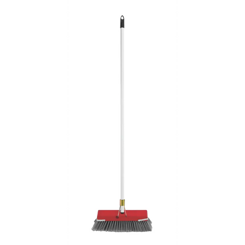addis broom with metal stay and wooden back, red head and grey bristles