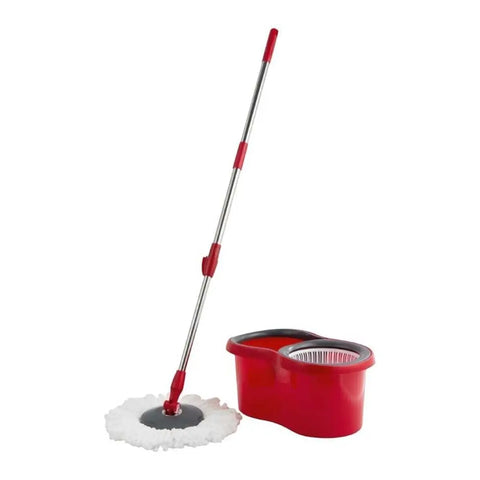 addis spin mop with red and silver pole and microfiber head beside a red wringer bucket
