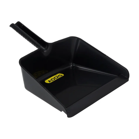 black plastic dustpan with a ribbed handle and serrated lip, Addis logo inside the pan