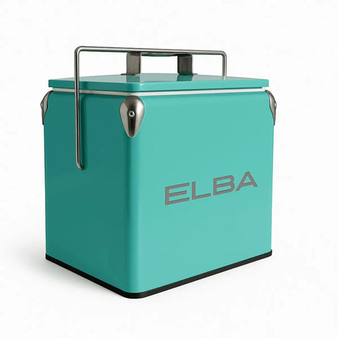 teal Elba cooler box with mint finish, chrome handle arch, metal side latches and logo on the front