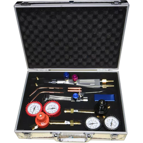 pinnacle port pack kit laid out inside an open aluminium case with pressure gauges, regulators, copper tubes, and assorted