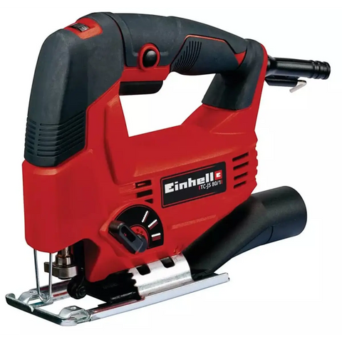 Einhell jigsaw with red body and black top handle, metal base plate and exposed blade