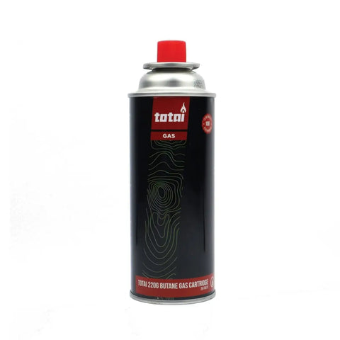 totai gas cartridge canister with red cap, black body and decorative white contour lines