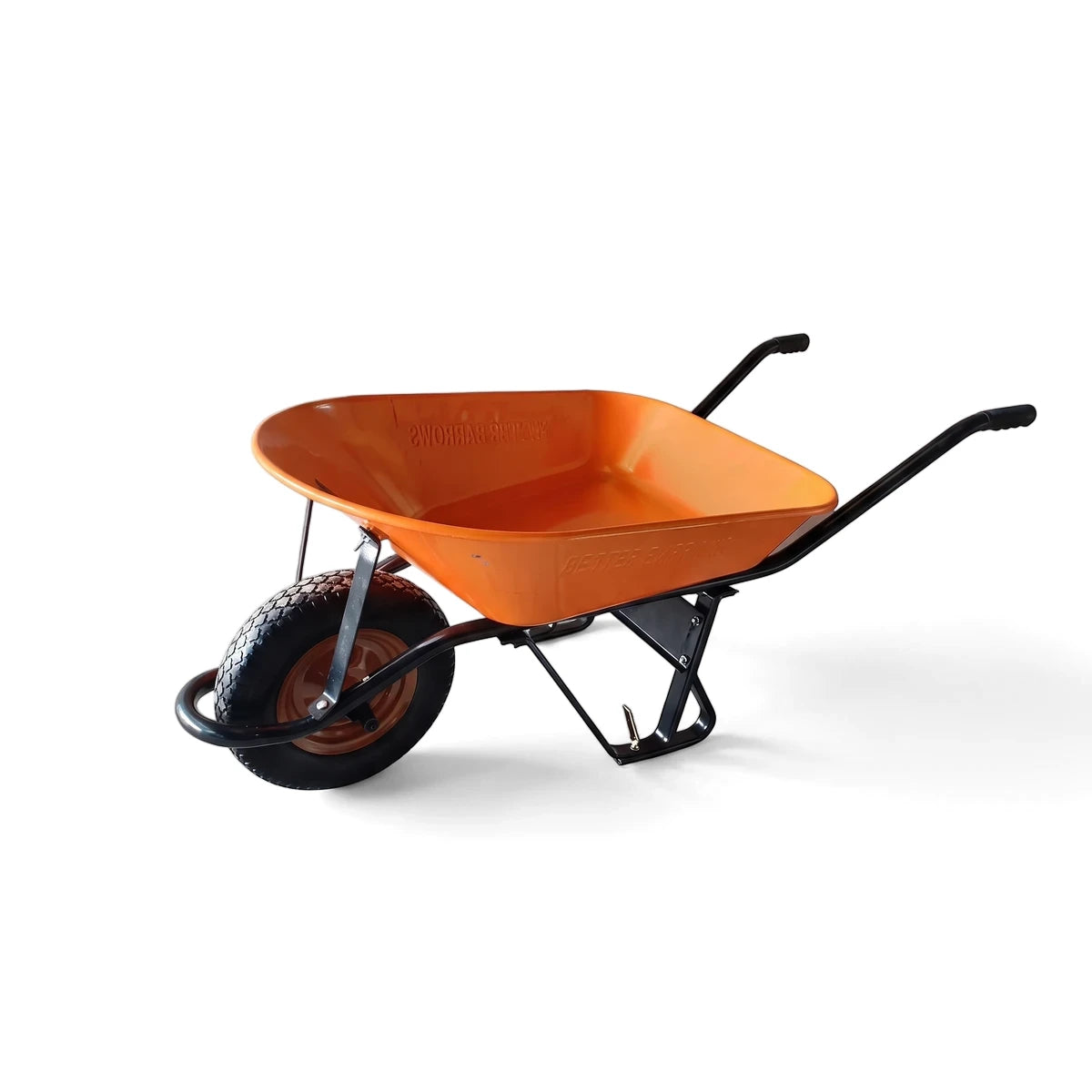Orange and black Impala wheelbarrow with a single wheel and black handles, designed for garden and construction tasks.