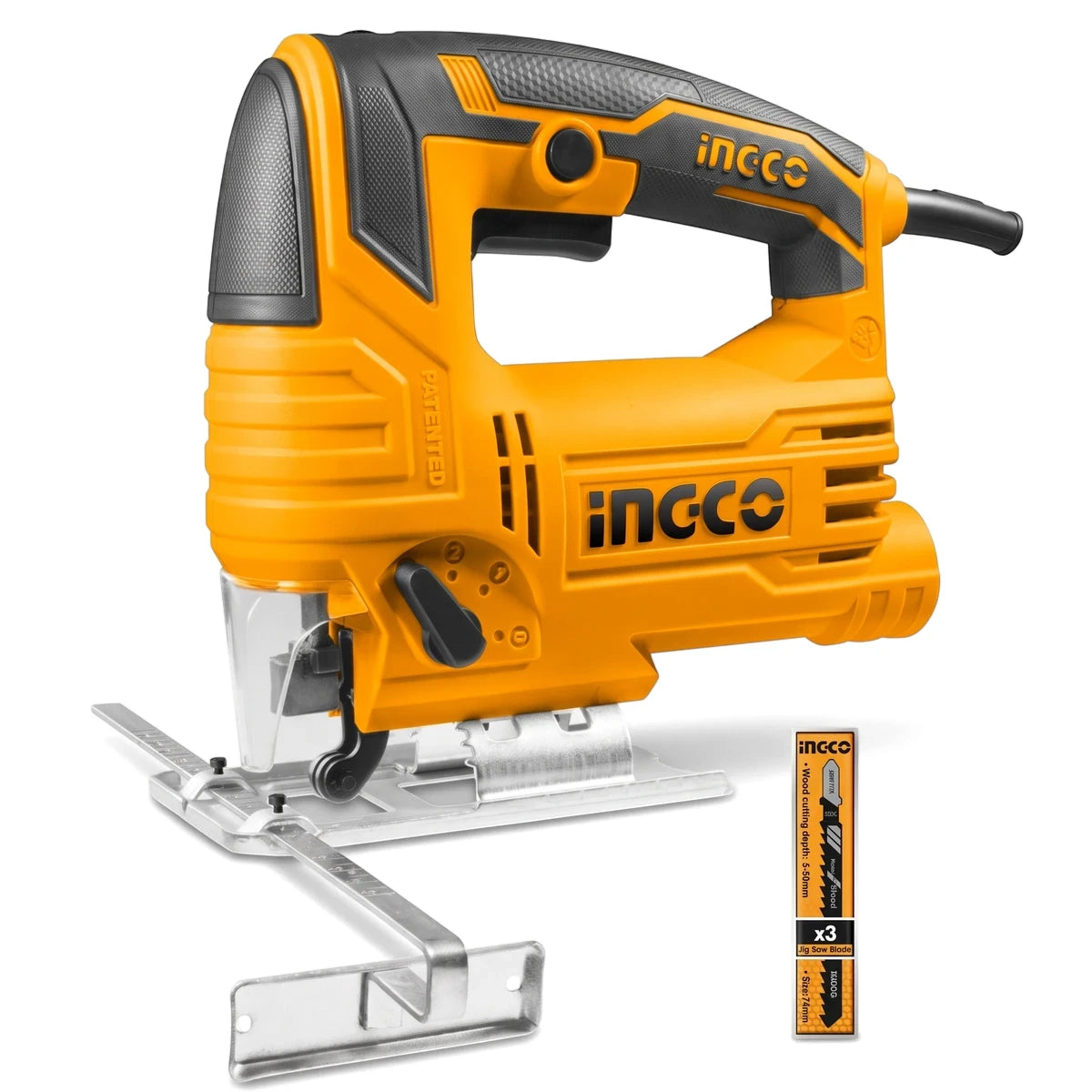 Orange and black INCCO 570 Watt electric jig saw with a metal guide and a pack of three wood-cutting blades.