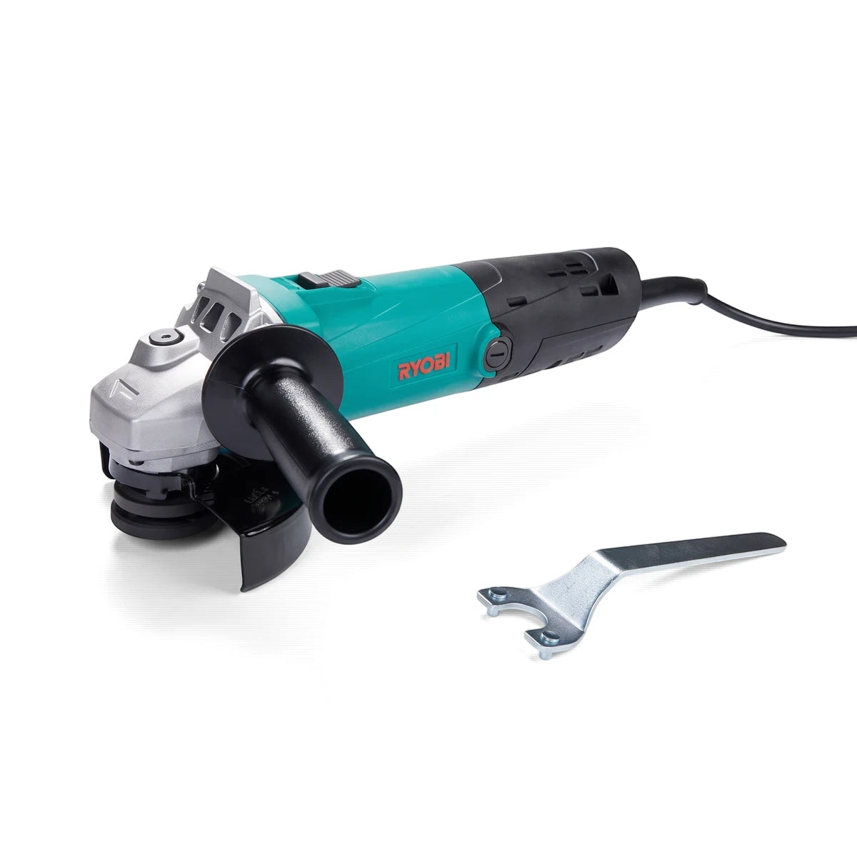 Industrial 5YR G-1158 Angle Grinder in teal, black, and silver, displayed with a silver wrench on a white background.