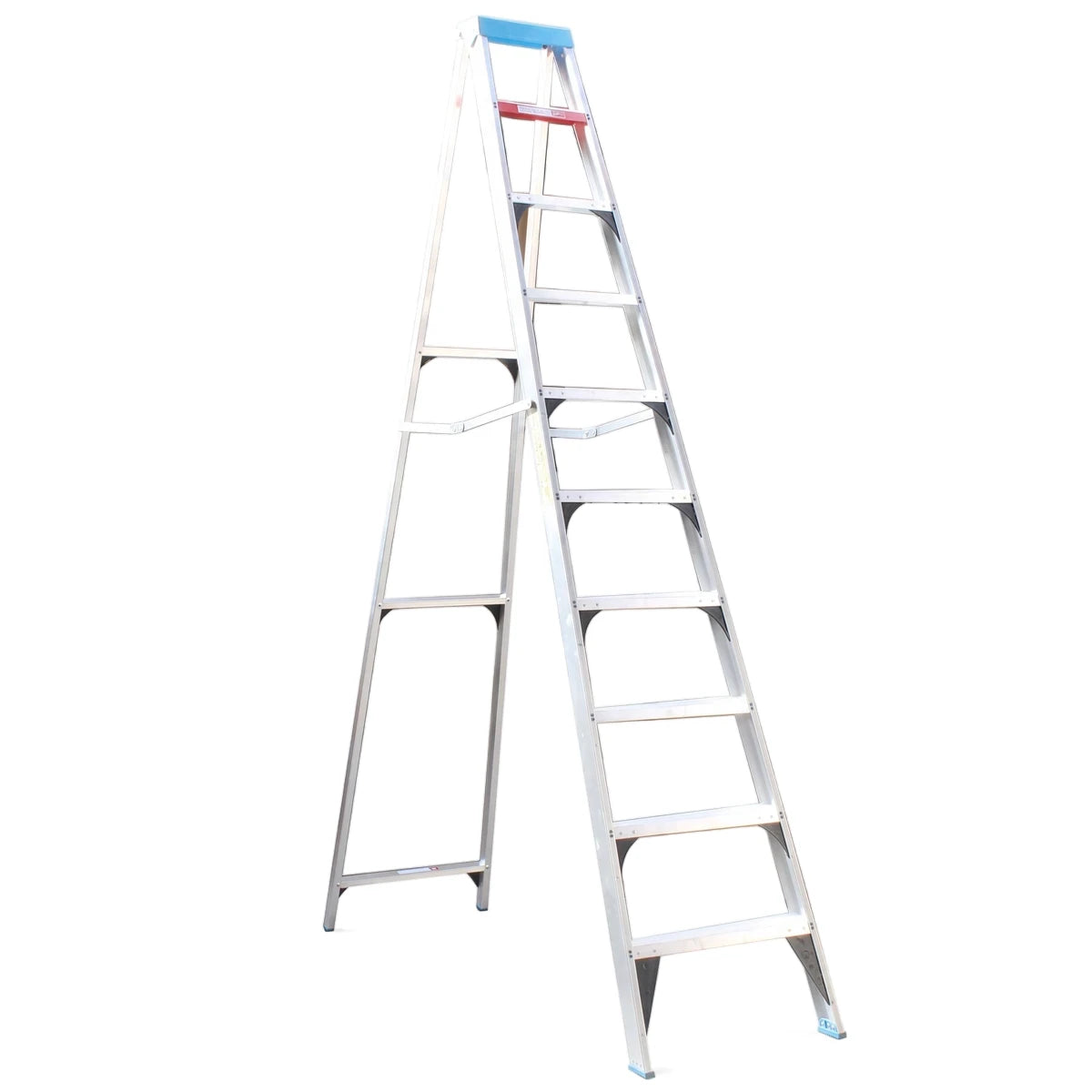 Silver industrial aluminium step ladder in an A-frame configuration, featuring red and blue accents at the top.