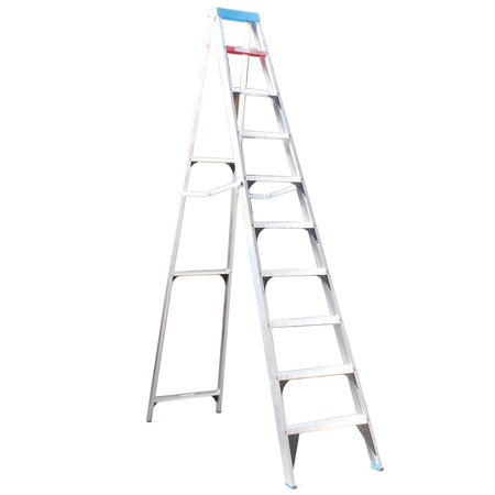 Silver industrial aluminium step ladder in an A-frame configuration, featuring red and blue accents at the top.