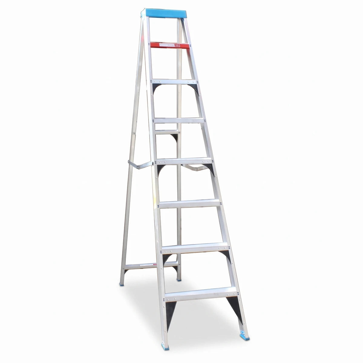 Silver industrial aluminium step ladder with seven steps and blue and red accents, standing upright in an A-frame
