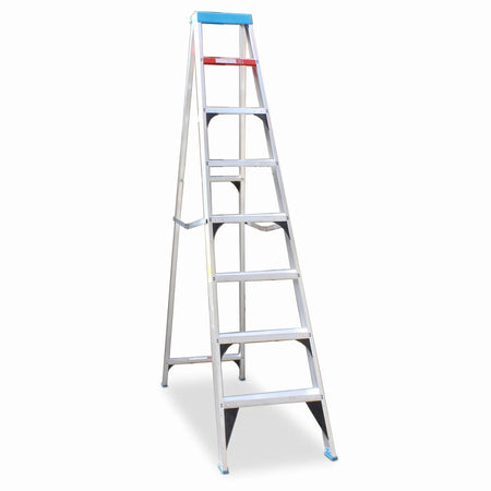 Silver industrial aluminium step ladder with seven steps and blue and red accents, standing upright in an A-frame