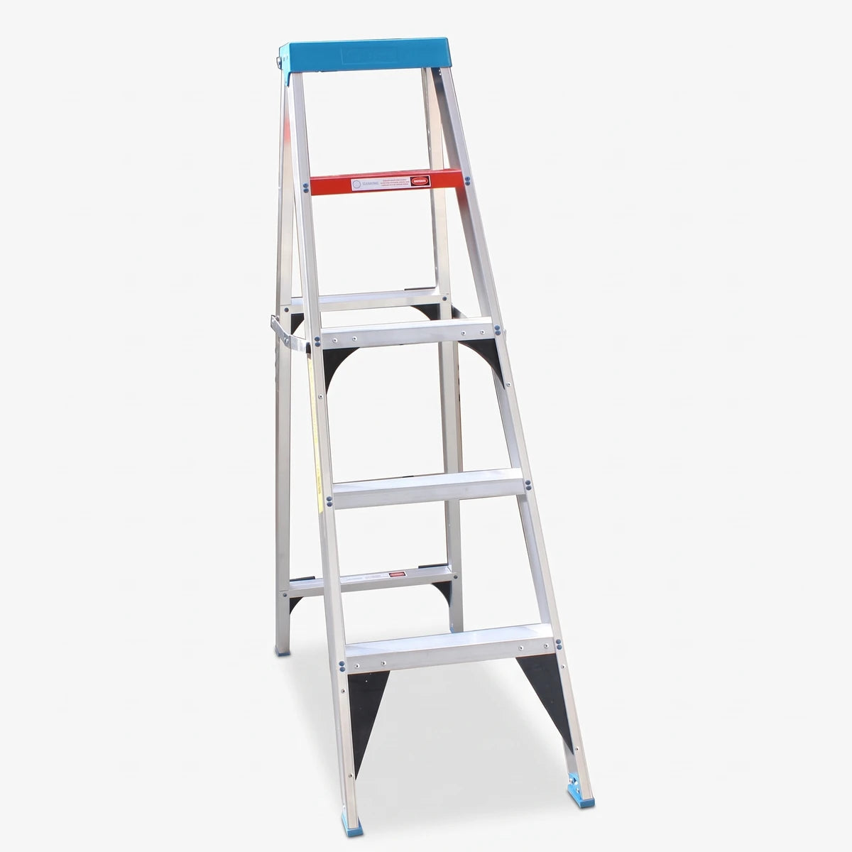 Full view of an industrial aluminium step ladder, silver with a blue top and red crossbar, designed for stability and reach.