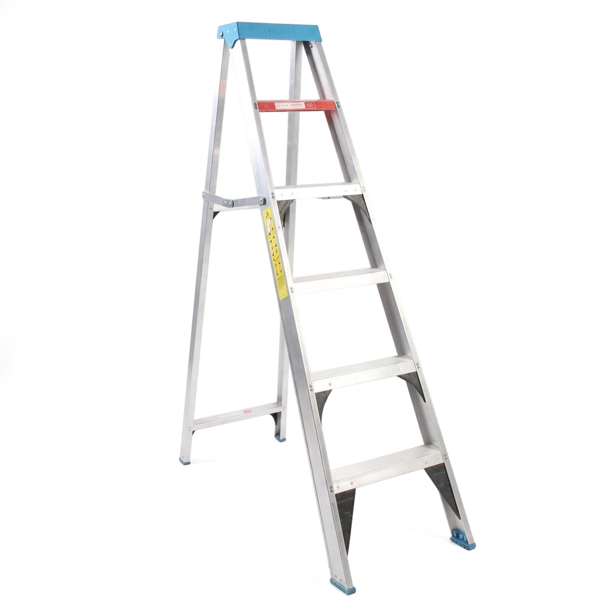 Industrial aluminum step ladder, silver with a blue top and red crossbar, standing on a white background for home or