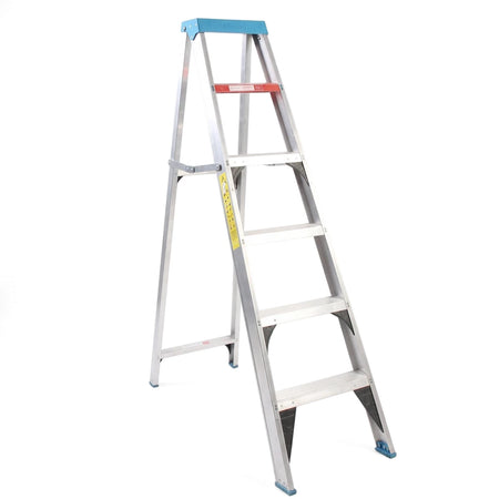 Industrial aluminum step ladder, silver with a blue top and red crossbar, standing on a white background for home or