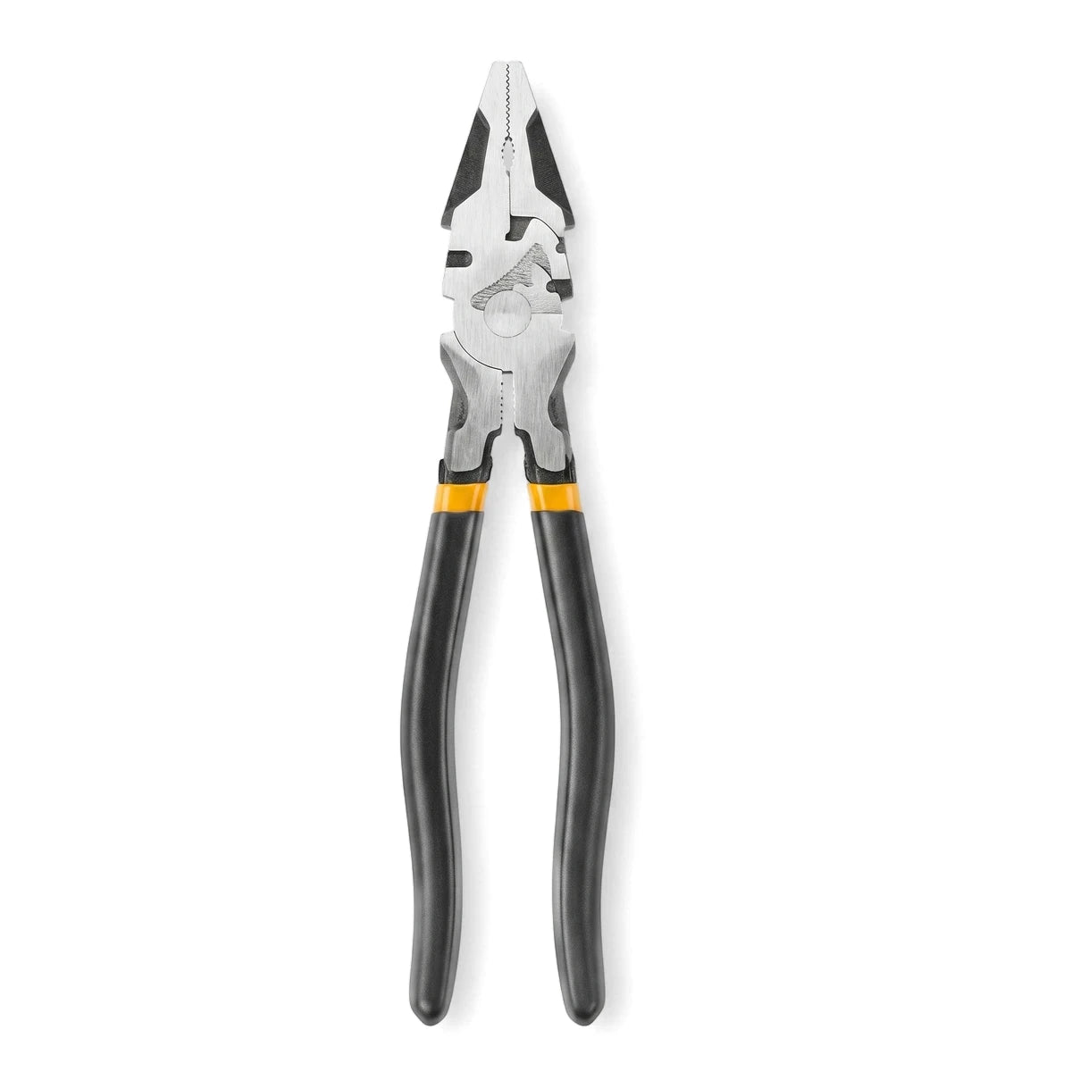 300mm industrial black finish fencing pliers with yellow handle accents on a clean white background, viewed from the front.