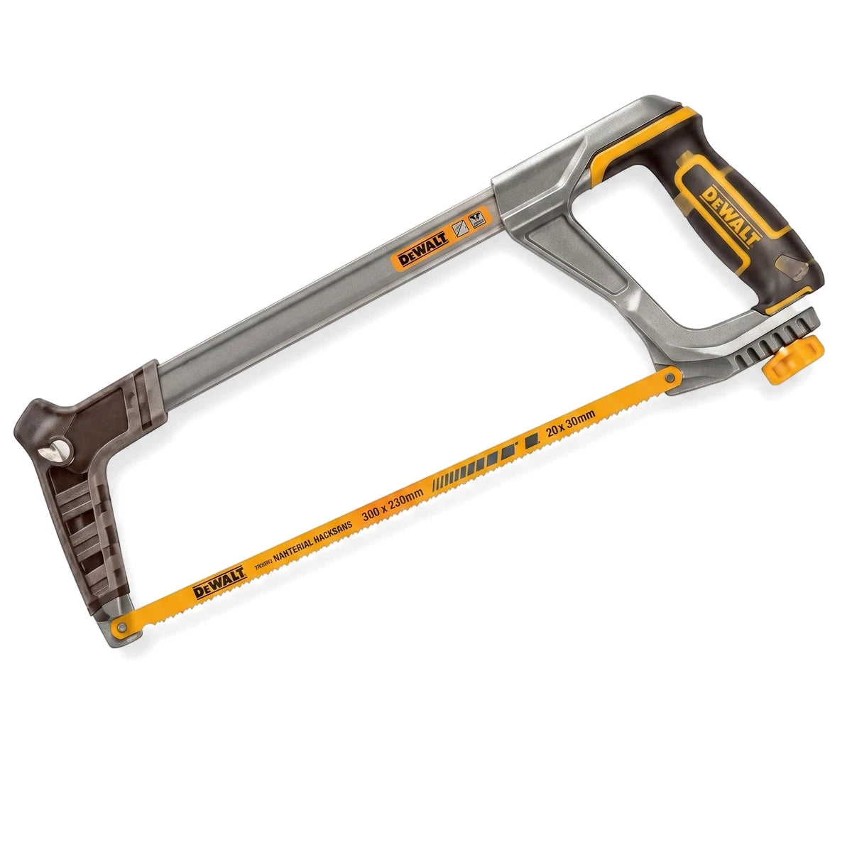 Industrial hacksaw frame with a silver metal body and a yellow blade, featuring ergonomic black and orange handles, angled