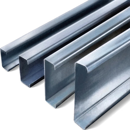 Multiple silver galvanized steel lip channels for construction or drywall applications, arranged diagonally on a light