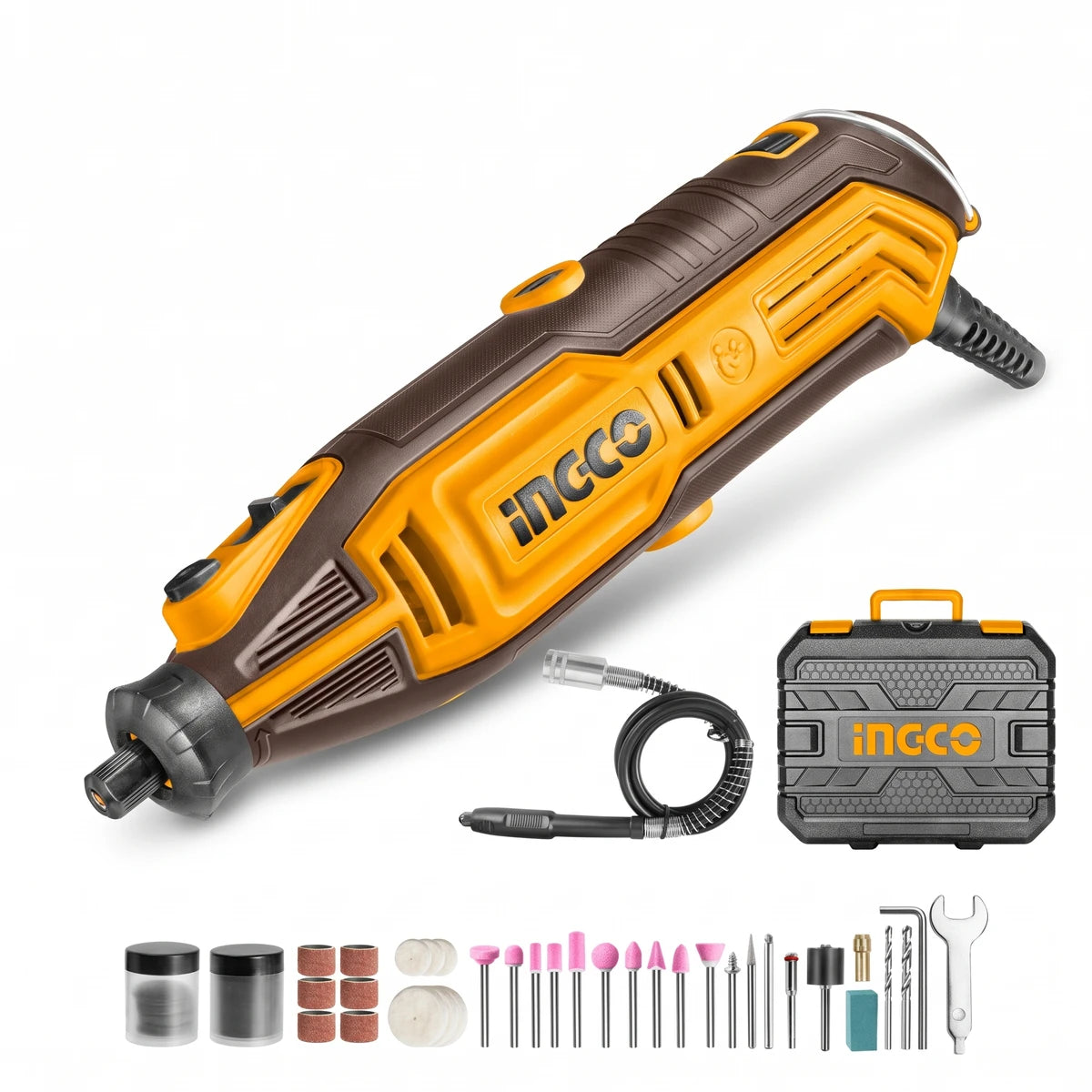 Ingco 130W variable speed mini grinder kit with 109 accessories and flexible shaft, all contained in a durable carrying case.