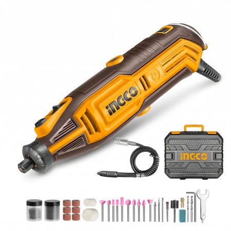 Ingco 130W variable speed mini grinder kit with 109 accessories and flexible shaft, all contained in a durable carrying case.