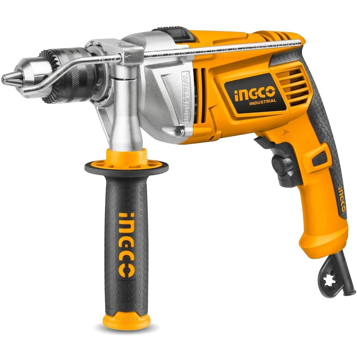 Yellow and black Ingco 13mm impact drill with a key chuck and auxiliary handle, viewed from a front-right angle.