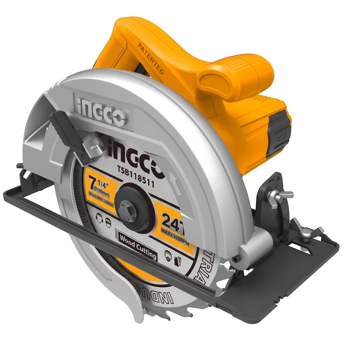 Yellow and silver Ingco 1400W 185mm handheld circular saw with a wood cutting blade, viewed from the front-right.