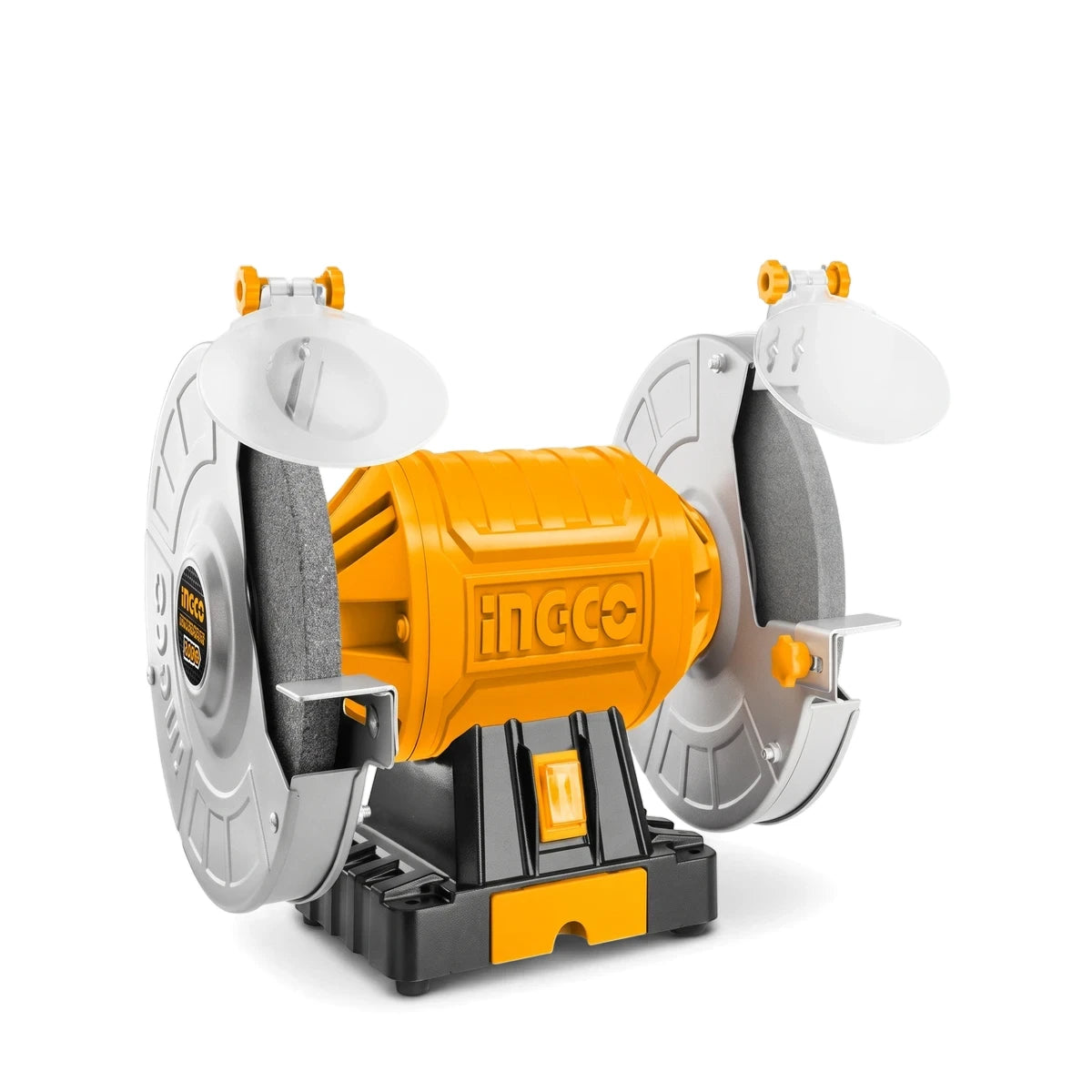 Yellow and black Ingco 150 watt bench grinder with two grinding wheels and safety shields, displayed from a front view.