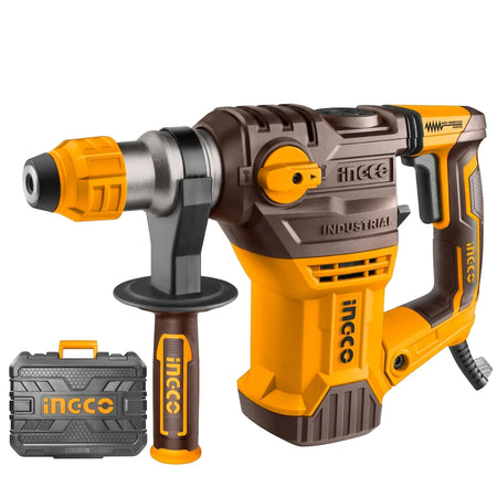 Yellow and brown Ingco 1500 Watt rotary hammer drill shown with its auxiliary handle and grey carrying case.