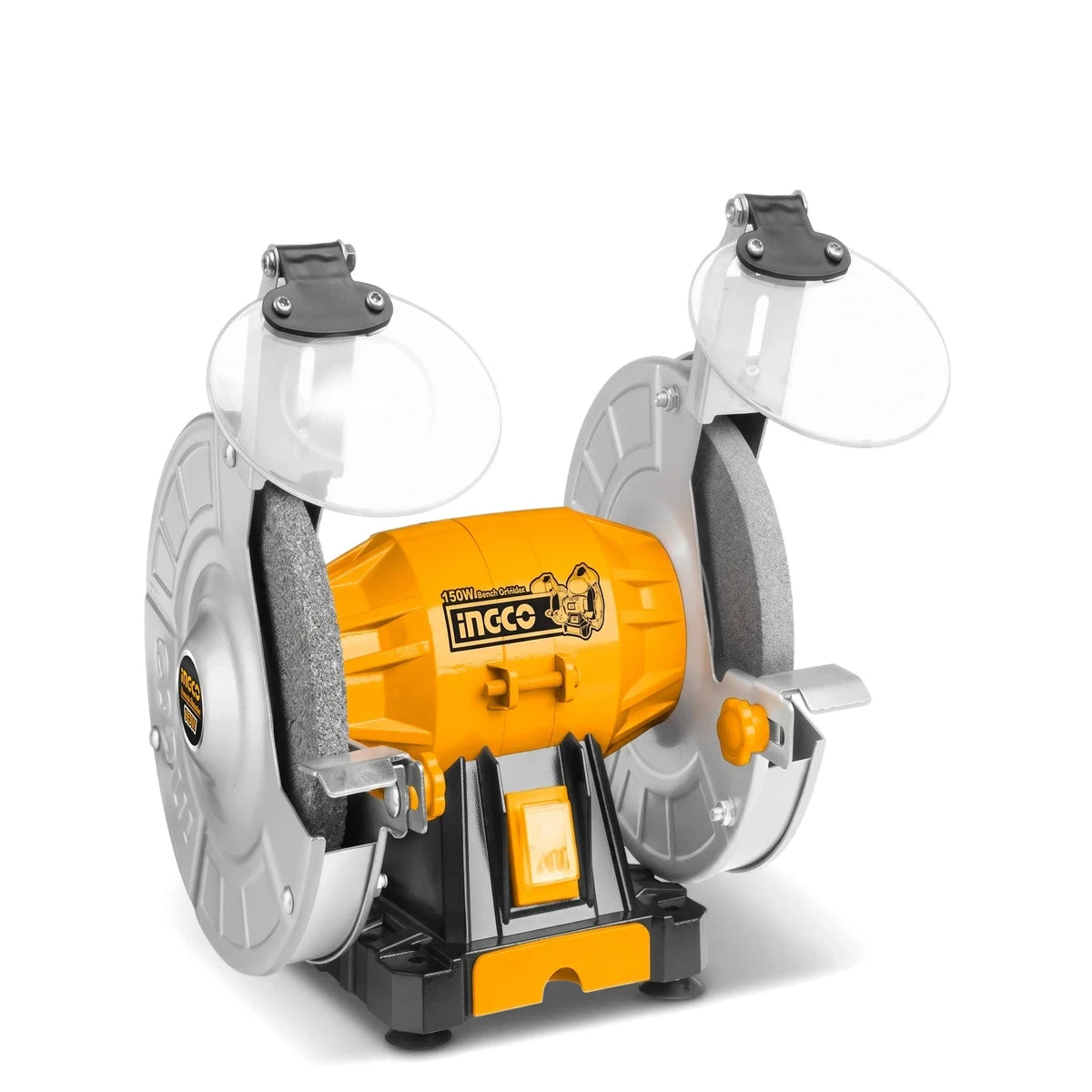 A yellow and black Ingco 150 Watt bench grinder with 6-inch grinding wheels, shown from a front-left view.