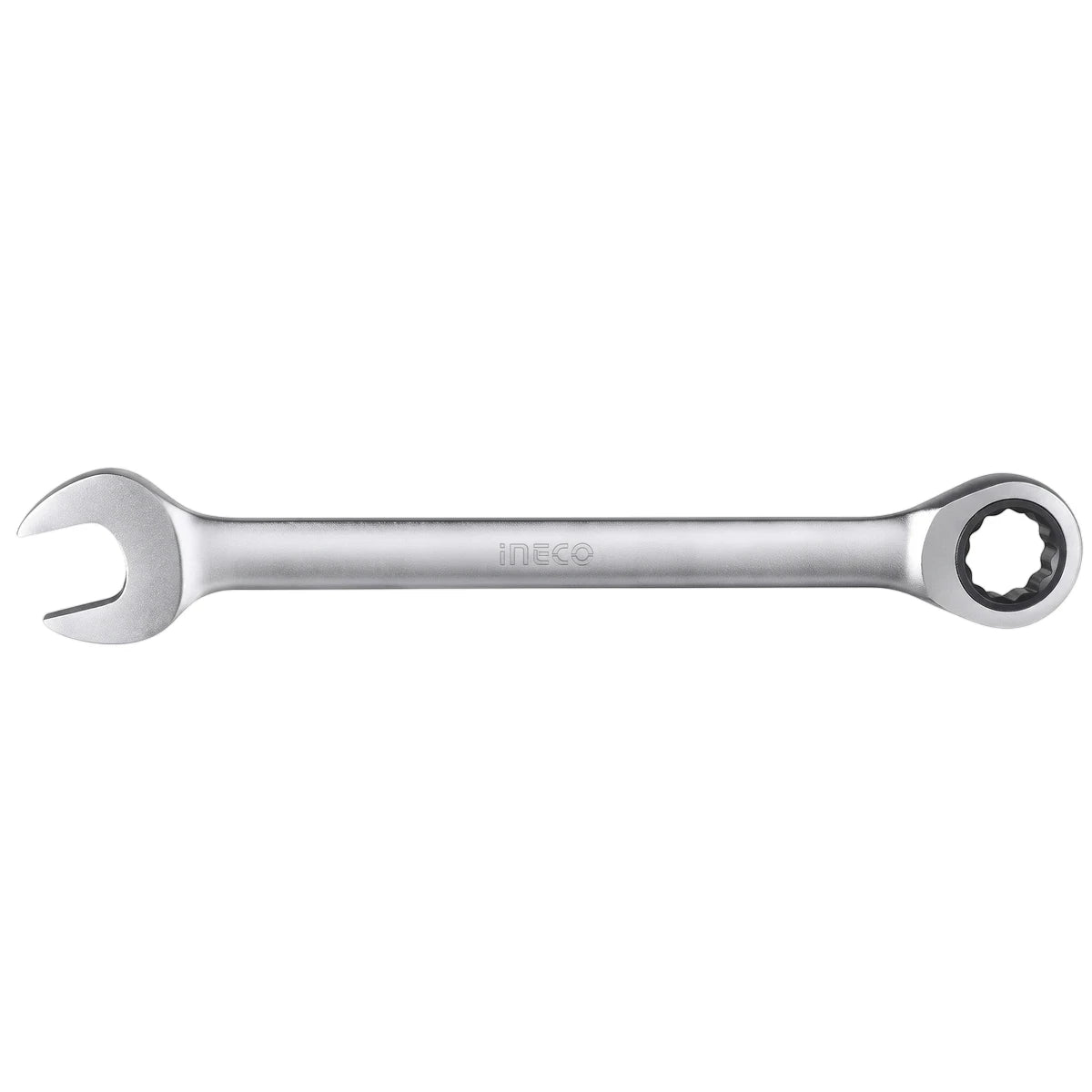 Silver 15mm Ingco ratchet spanner hand tool with an open end and ratcheting box end, ideal for mechanical tasks.