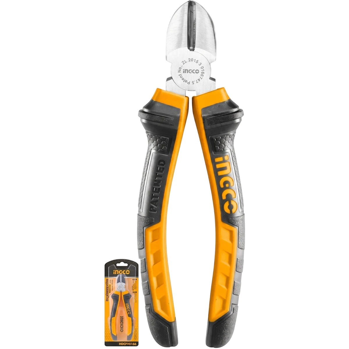 Ingco 160mm anti-rust diagonal pliers with yellow and black handles, shown alongside a smaller packaged version.