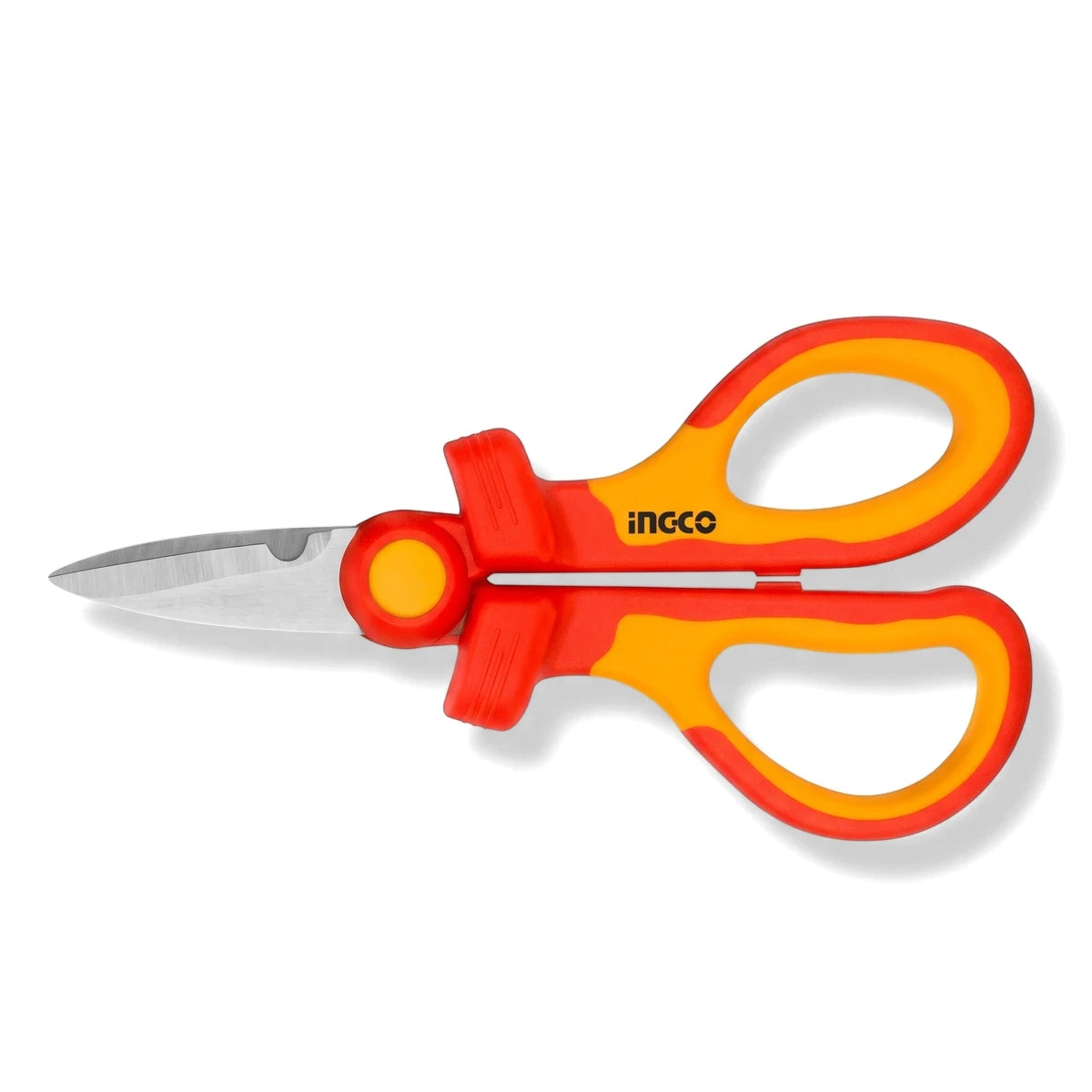A 160mm Ingco insulated scissor with bright red and orange ergonomic handles and sharp silver blades, ideal for cutting.