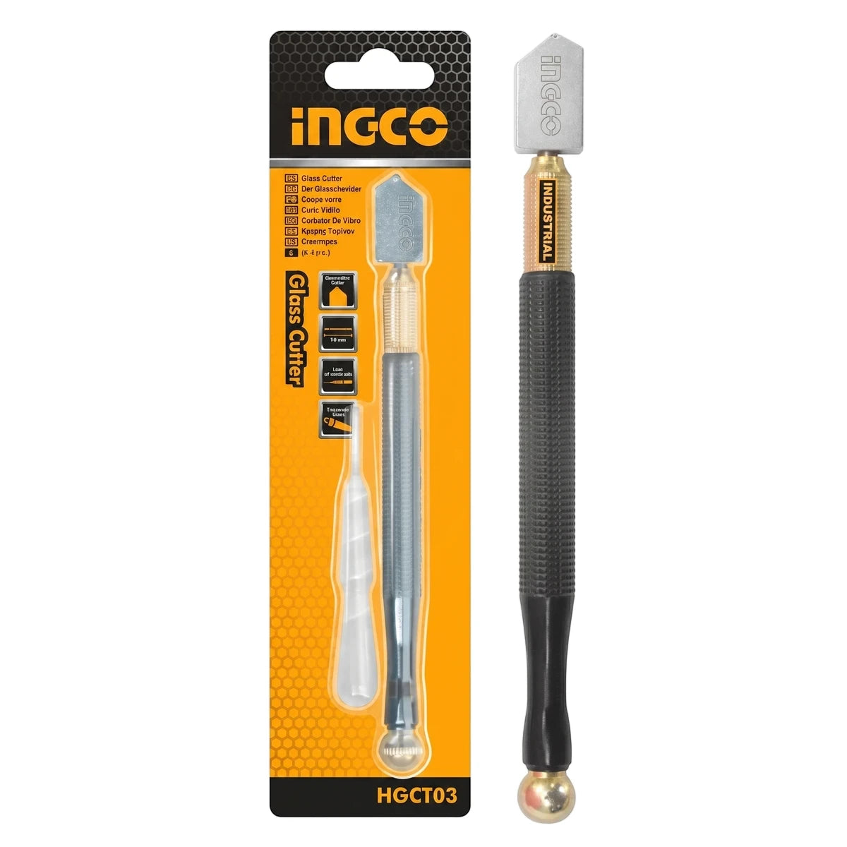 Ingco 178mm glass cutter, with a black textured handle and silver cutting head, displayed in its packaging and unpackaged.