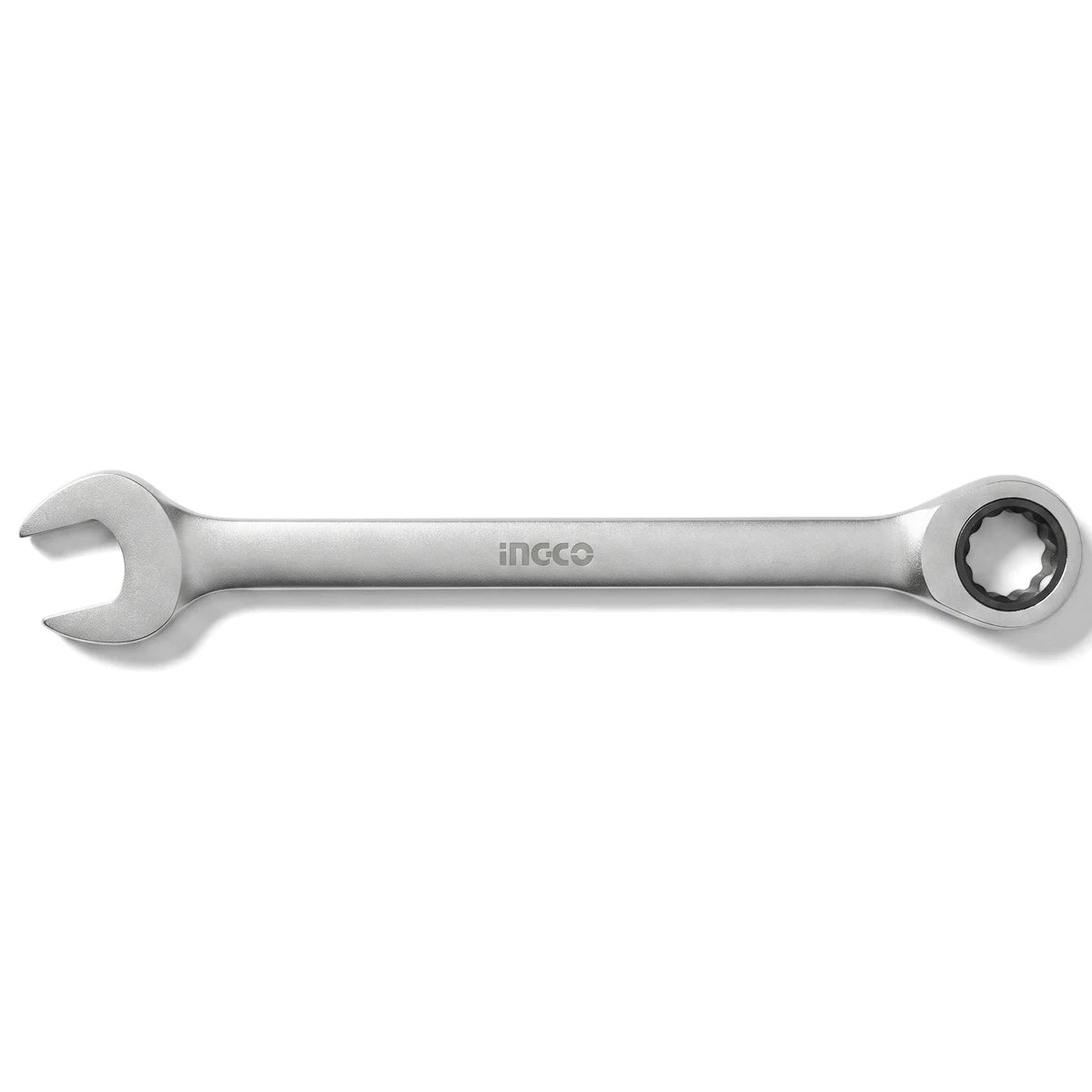 Silver 17mm Ingco ratchet spanner, a durable metal hand tool, displayed horizontally against a white background.