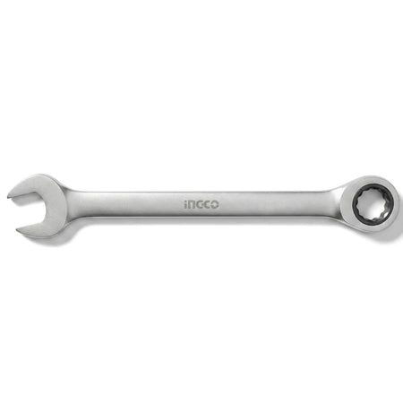 Silver 17mm Ingco ratchet spanner, a durable metal hand tool, displayed horizontally against a white background.