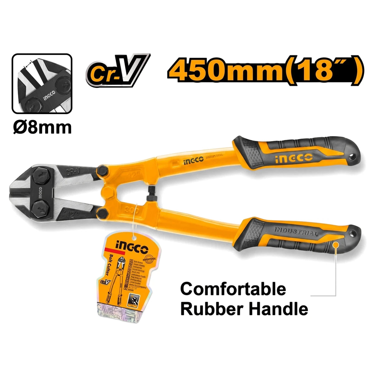 Ingco 18-inch 450mm chrome vanadium bolt cutter with comfortable yellow and black rubber handles and sharp jaws.