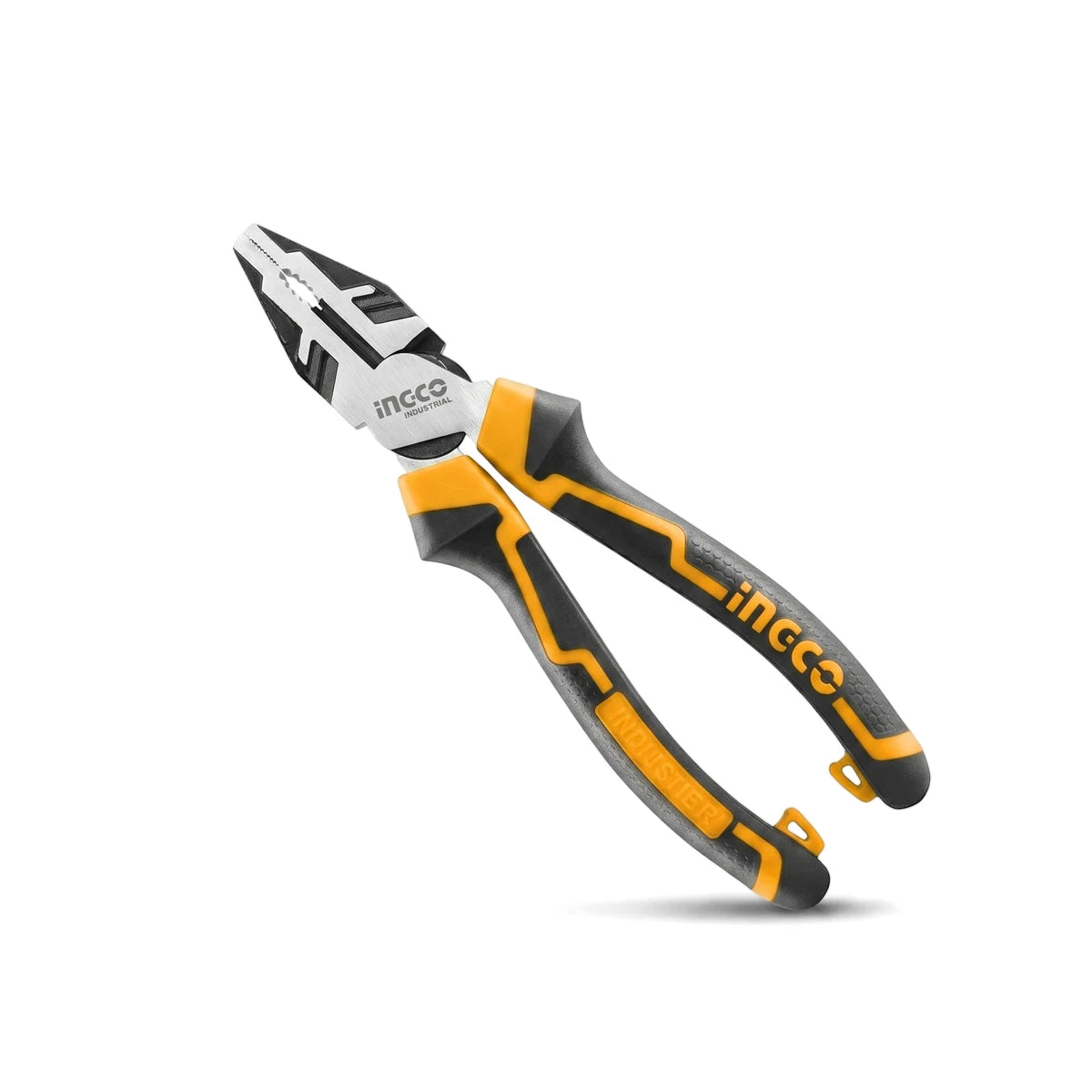 Ingco 180mm Chrome Vanadium High-Leverage Combination Pliers with black and yellow handles, professional tool.