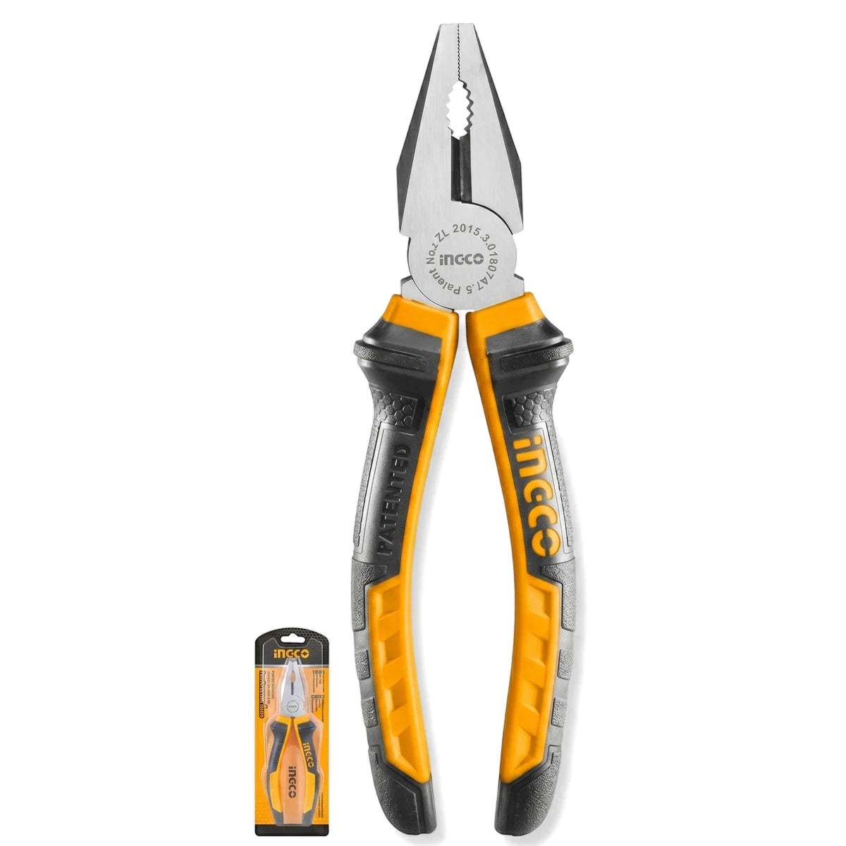 180mm Ingco polished combination pliers with yellow and black anti-slip handles, shown alongside a smaller packaged version.