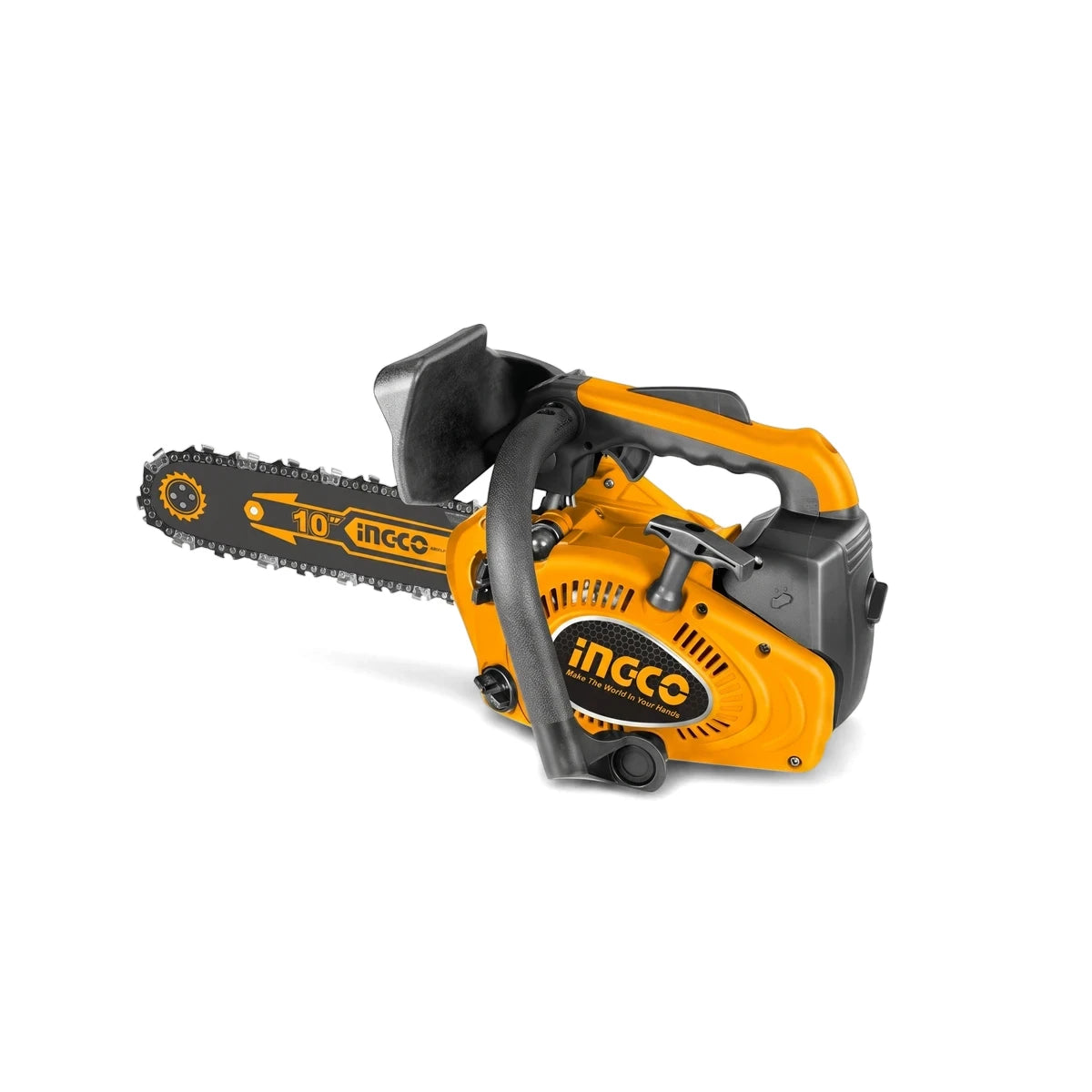 Yellow and black 2-Stroke Petrol Chainsaw with a 10-inch bar, featuring the Ingco logo, viewed from a side angle.