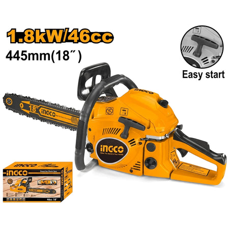 Ingco 2-Stroke Petrol Chainsaw, 46cc, 18-inch bar, in bright orange and black, displayed with its retail packaging box.