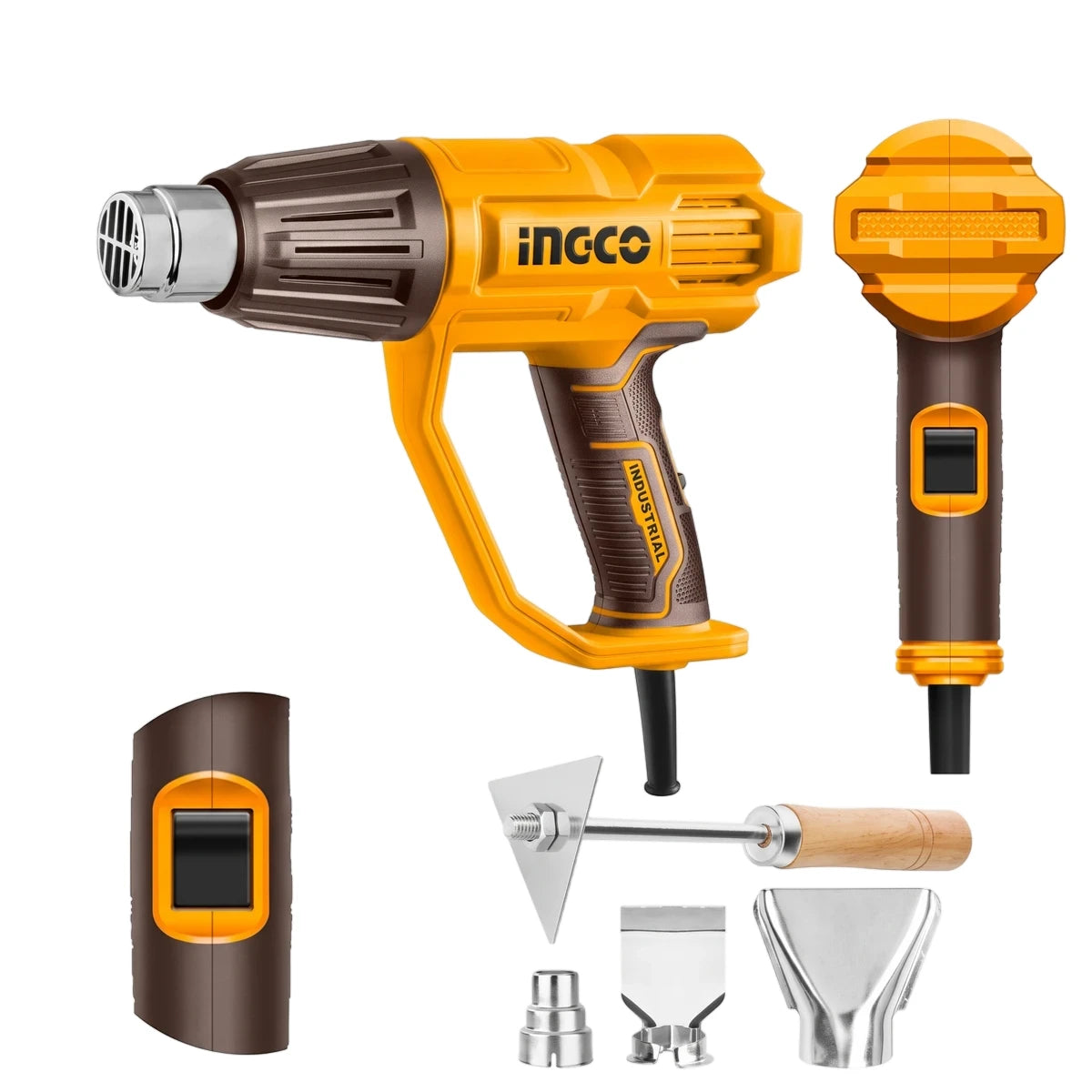 Ingco 2000W industrial yellow and brown heat gun with multiple nozzles and scraper accessories for various tasks.