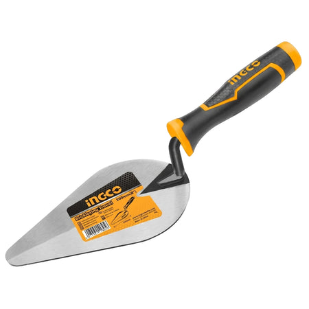 Ingco 200mm bricklaying trowel featuring a silver tear-drop shaped blade and an ergonomic black and orange plastic handle.