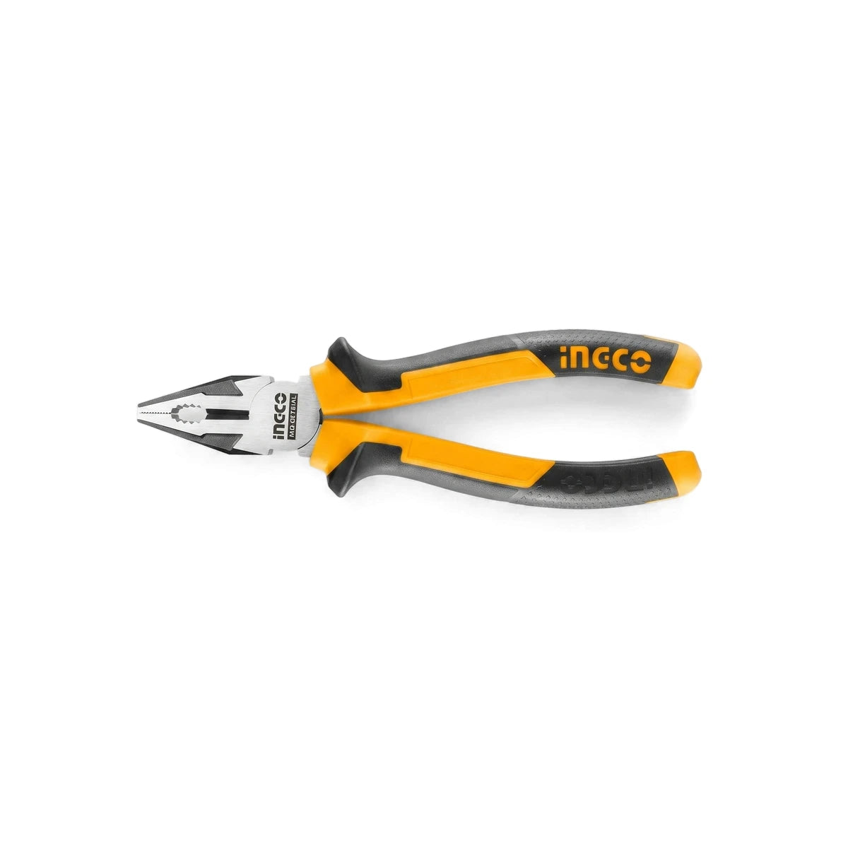 Ingco 200mm polished combination pliers with ergonomic yellow and grey handles for electrical work and gripping.