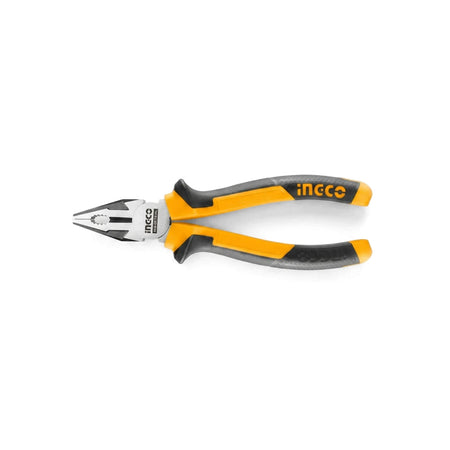 Ingco 200mm polished combination pliers with ergonomic yellow and grey handles for electrical work and gripping.