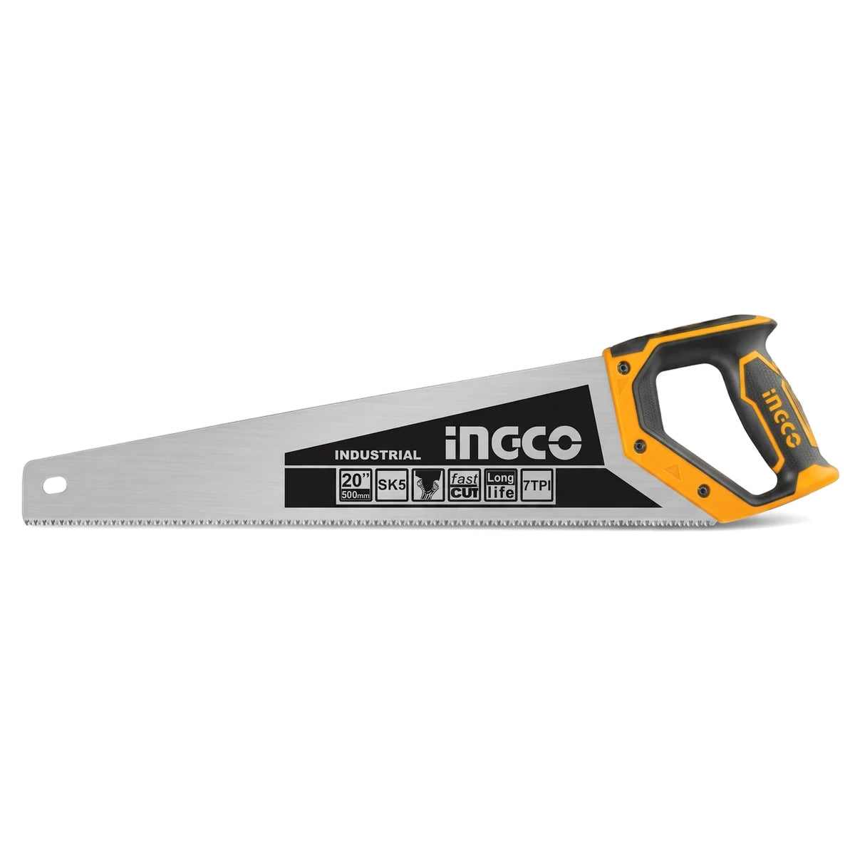 An Ingco 20-inch industrial hand saw featuring an SK5 steel blade and a black and orange ergonomic handle, presented
