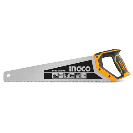 An Ingco 20-inch industrial hand saw featuring an SK5 steel blade and a black and orange ergonomic handle, presented