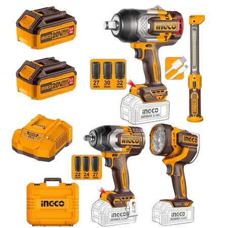 INGCO 20V Cordless 4-In-1 Combo Kit 2, a complete set of yellow and black power tools, batteries, and accessories.
