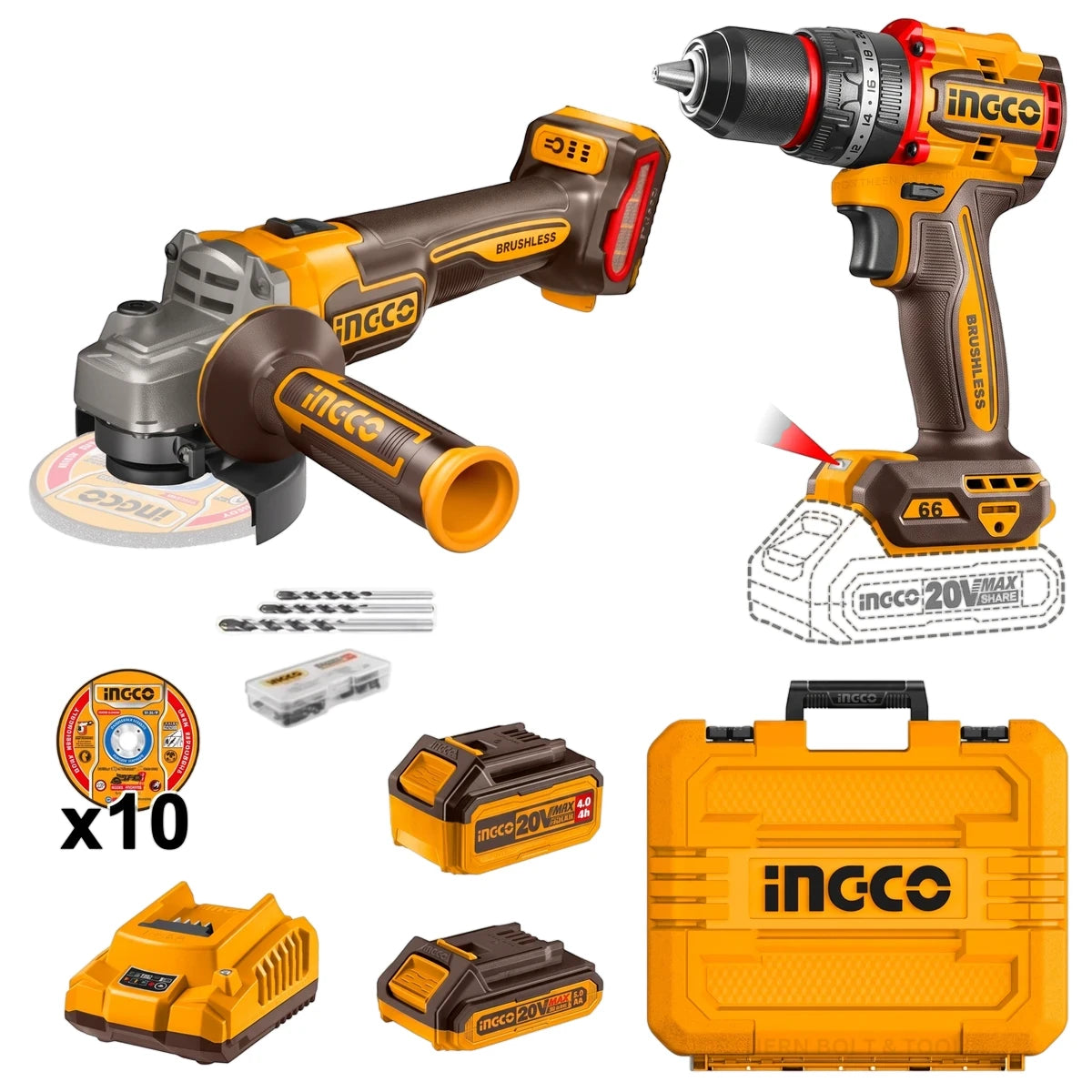 Ingco 20V Cordless Drill and Angle Grinder Combo Kit with two batteries, fast charger, drill bits, cutting discs, and
